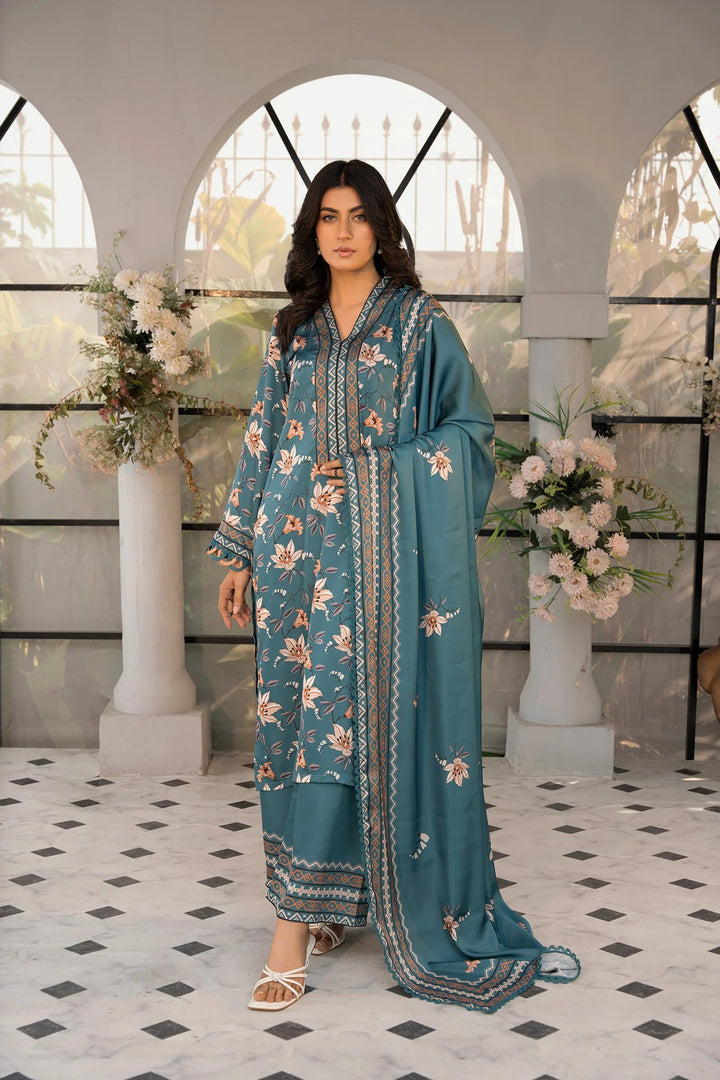 Teal Blossoms Silk Printed Stitched 3PC - Rabiya Hassan