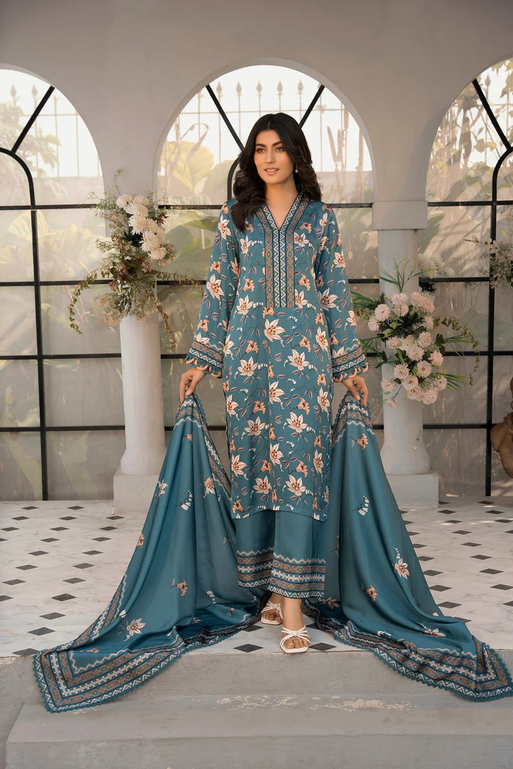 Teal Blossoms Silk Printed Stitched 3PC - Rabiya Hassan
