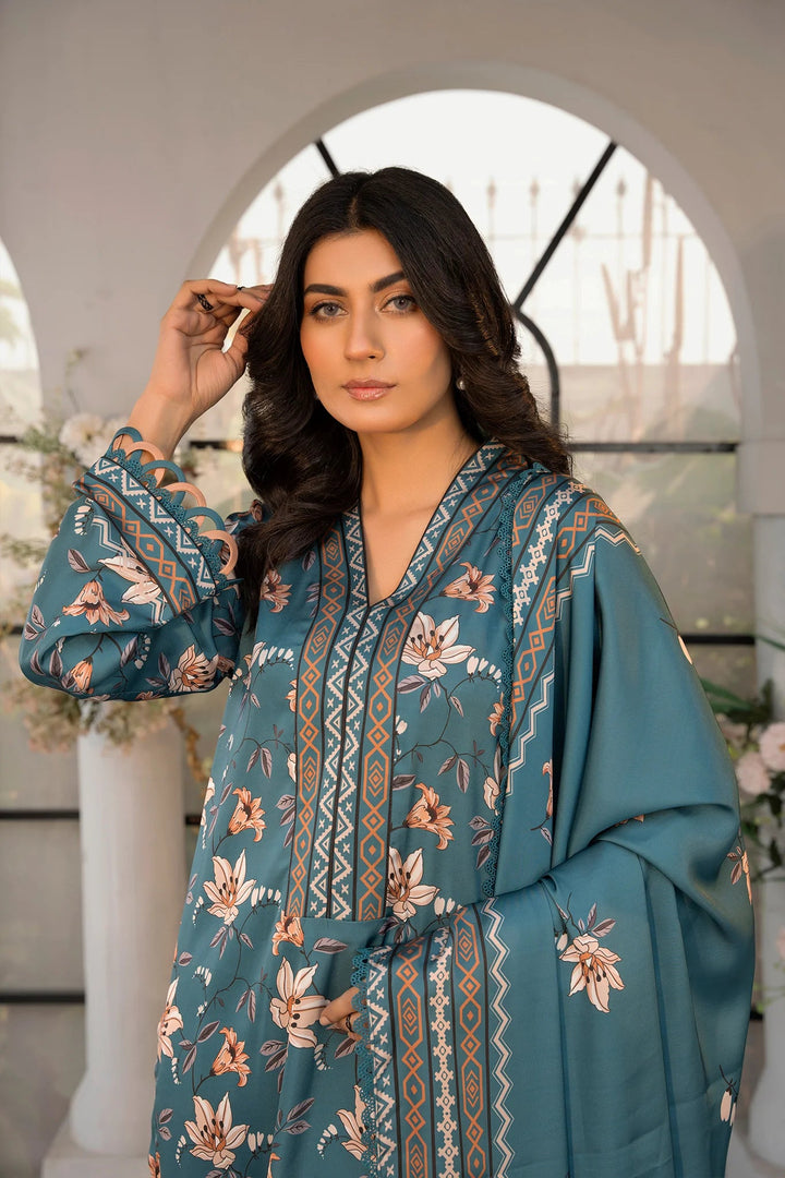 Teal Blossoms Silk Printed Stitched 3PC - Rabiya Hassan