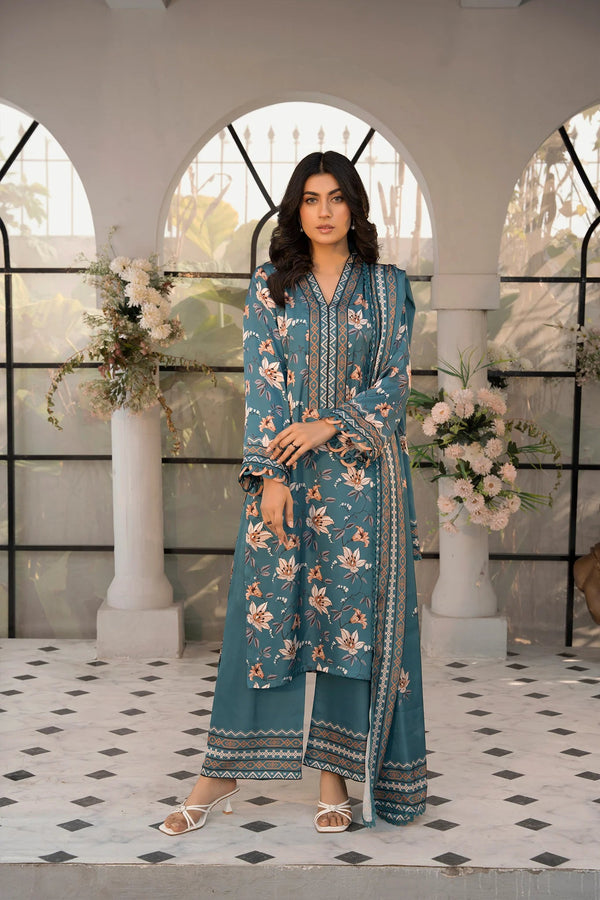 Teal Blossoms Silk Printed Stitched 3PC - Rabiya Hassan