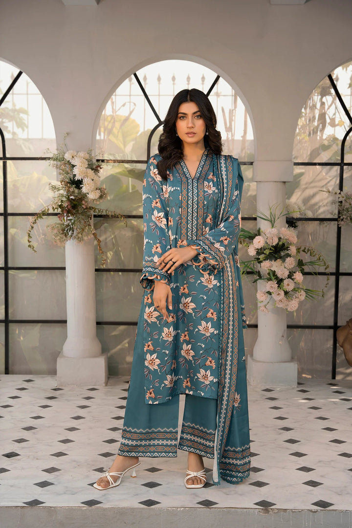 Teal Blossoms Silk Printed Stitched 3PC - Rabiya Hassan
