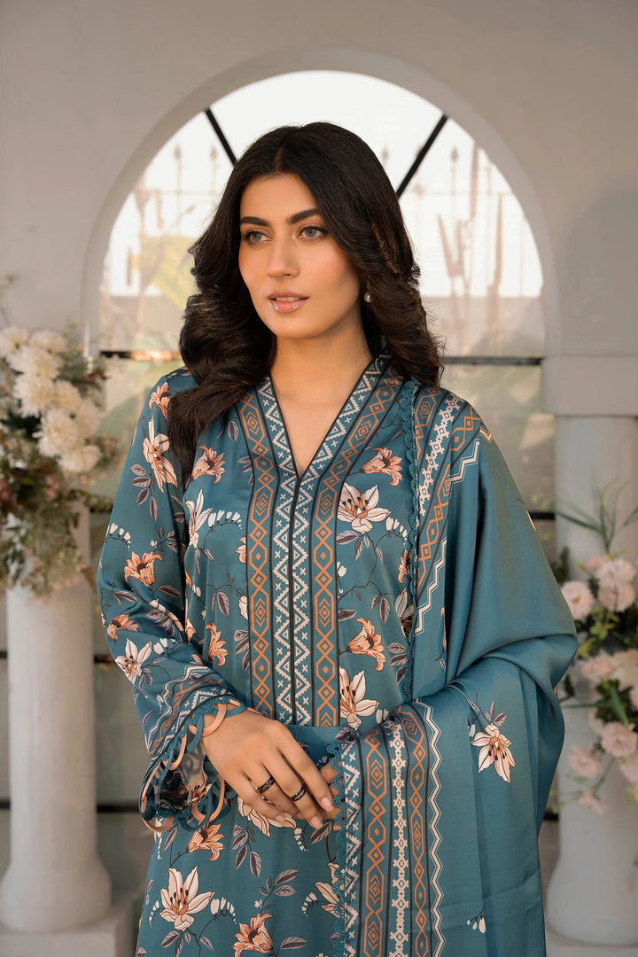 Teal Blossoms Silk Printed Stitched 3PC - Rabiya Hassan