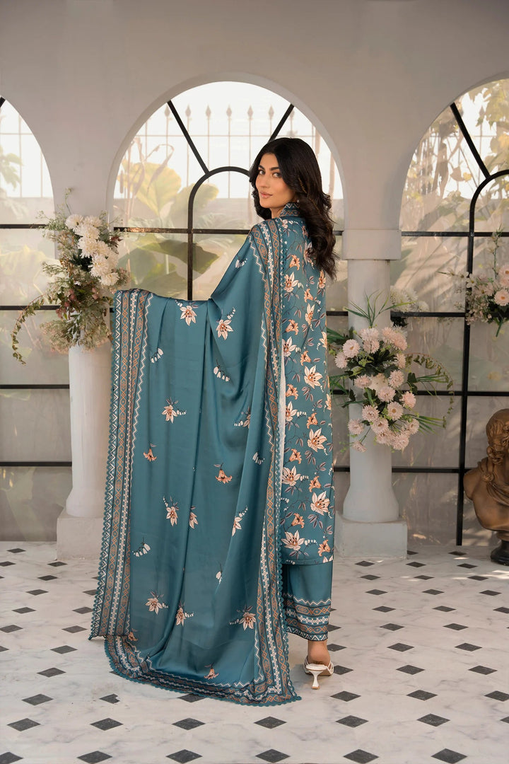 Teal Blossoms Silk Printed Stitched 3PC - Rabiya Hassan